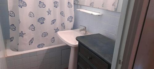 une salle de bain avec un lavabo et un rideau de douche dans l'établissement Studio 46E, Héliopolis au village naturiste, au Cap d'Agde