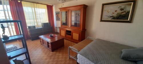 un salon avec un lit et une table dans l'établissement Studio 46E, Héliopolis au village naturiste, au Cap d'Agde