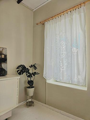 a window with a curtain in a room with a plant at Domus MarZou Limanaki in Naousa