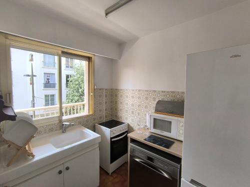 une cuisine avec un évier et un micro-ondes dans l'établissement Charme de la Mer, à Antibes