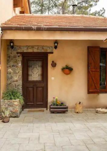 a cat sitting in front of a house with a door at Kardama HideAway in Kato Amiandos