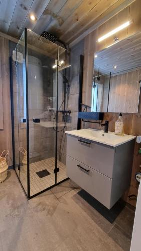 a bathroom with a shower and a white sink and a shower at Cabin Lillehammer, Nordseter, Sjusjøen in Lillehammer