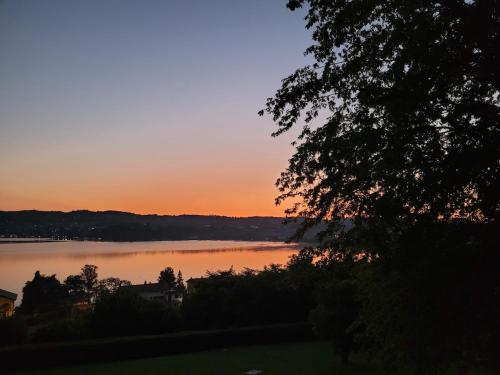 a sunset over a body of water with a tree at The Lake House in Viverone