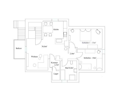 a floor plan of a house at Haus Mariechen 5-Sterne-DTV-Ferienwohnung in der Nähe zum Silbersee mit Balkon & Sauna in Frielendorf