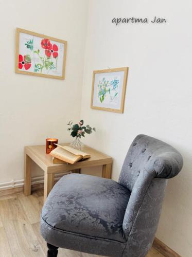 a room with a chair and a wooden table with a table at Apartmány Komenského Velké Losiny in Velké Losiny