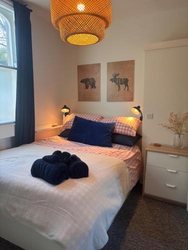 ein Schlafzimmer mit einem Bett mit blauen Kissen darauf in der Unterkunft Cosy central Bath pad in Bath