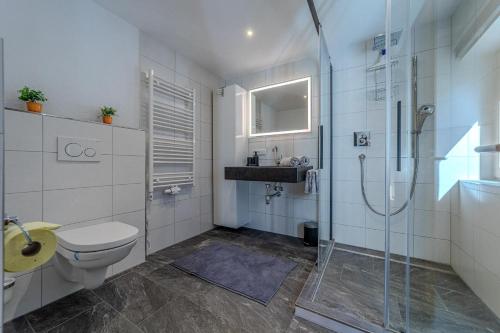 a bathroom with a shower and a toilet and a sink at Palima28 in Sankt Johann in Tirol