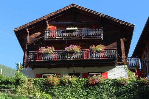 a building with flowerpots on the balconies of it at Chalet Chinegga in Stalden