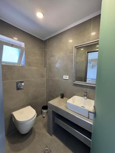 a bathroom with a toilet and a sink and a mirror at Villa Panorama in Keri