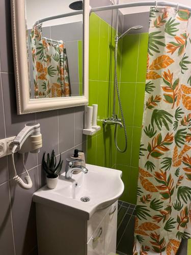 a bathroom with a sink and a shower curtain at simply-una in Bihać