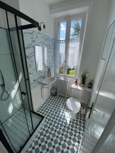 a bathroom with a toilet and a tub and a sink at Maison de Montgibaud in Montgibaud