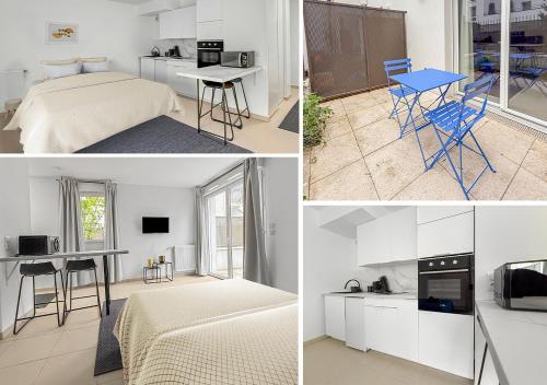 un collage de quatre photos d'une chambre et d'une cuisine dans l'établissement Studio moderne avec terrasse privée et parking, à Poissy