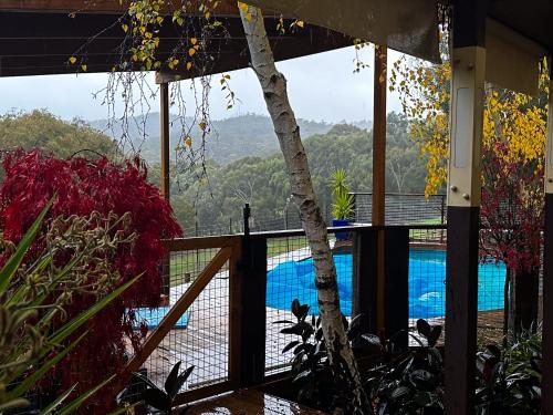a view from the balcony of a house with a swimming pool at Funday Farm Adelaide Hills in Norton Summit