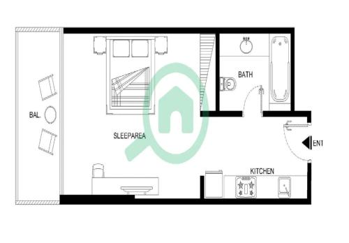 a floor plan of a small apartment with a large speaker at Beautifully Furnished Studio with Skyline Views in Dubai Marina