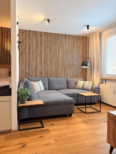 a living room with a couch and a table at Harrachov apartment - Moderní horský apartmán v Harrachově pro 2-4 osoby, parkování, lyžárna, kolárna in Harrachov