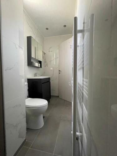 a white bathroom with a toilet and a sink at Panorama Sunvilles Apartment 5 in Thessaloniki