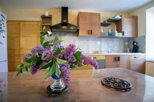 a vase of purple flowers on a table in a kitchen at Maison Ty Carolie in Le Merzer
