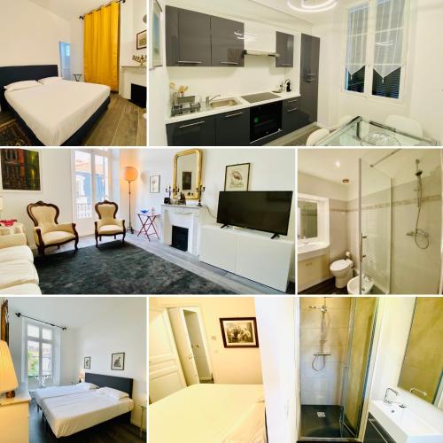 un collage de photos d'une chambre d'hôtel dans l'établissement Cozy 2 bedroom apartment in the centre of Cannes near the CROISETTE, à Cannes
