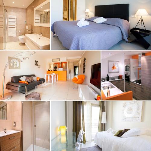 un collage de photos d'une chambre et d'une salle de bains dans l'établissement Modern two bedroom apartment with two bathrooms, just behind the CARLTON, à Cannes