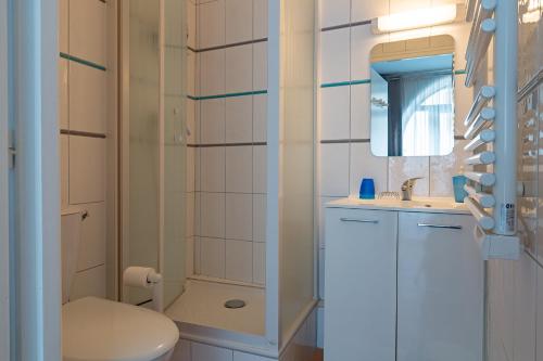 une salle de bain avec toilettes, lavabo et miroir dans l'établissement La Halle - Maison de village, à Chabeuil