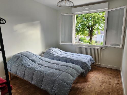 two beds in a room with a large window at La maison des étoiles in Chazé-Henry
