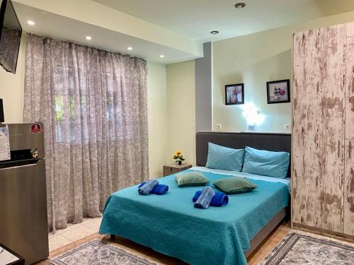 a bedroom with a blue bed with two blue pillows at Athens Victoria's studio in Athens