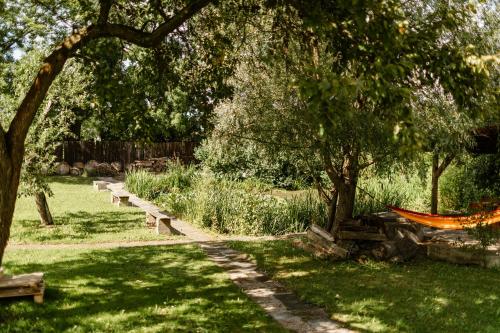 a group of benches in a park with trees at Surya Garden Retreat in Sběř