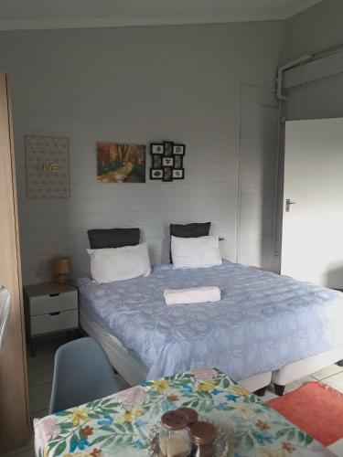 a bedroom with a bed with a blue comforter at Phindulo Bed and Breakfast - No Loadshedding, Smart TVs & unlimited free fibre wifi in Krugersdorp