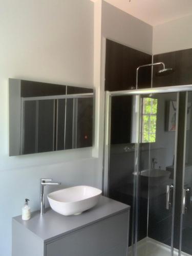 a bathroom with a sink and a glass shower at Elrick Estate - Elrick House in Newmachar