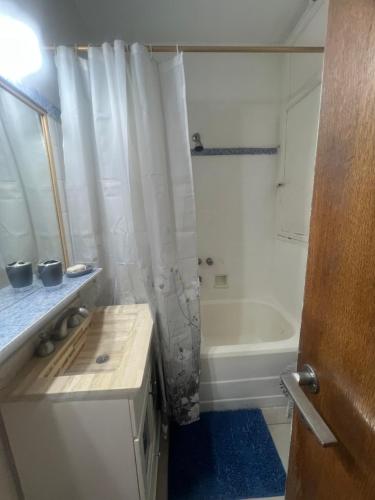 a bathroom with a white shower curtain and a tub at Corazón obelisco 4 in Buenos Aires