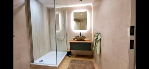 Wunderschöne und zentrumsnahe Ferienwohnung 75 qm في فريبورغ ام بريسغاو: حمام مع دش زجاجي ومغسلة