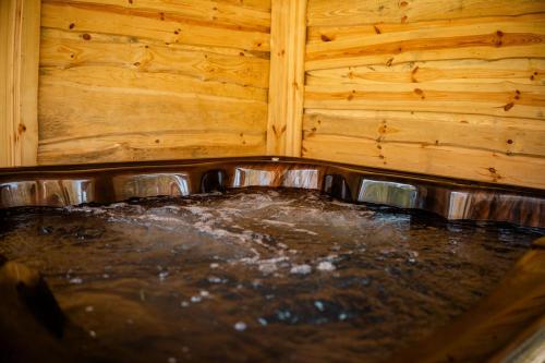 a hot tub in a room with a wooden wall at Willa Aleksandria in Grabie