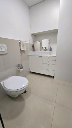 a white bathroom with a toilet and a sink at MRM Apartman Tihany in Tihany