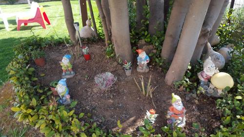 a group of gnomes in a garden with plants at Hostal A La Sombra Del Laurel in Navarrete