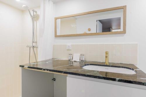 une salle de bain avec un lavabo et un miroir dans l'établissement Charmant Appartement à Montparnasse - 2P-1BR, à Paris
