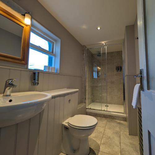 a bathroom with a sink and a toilet and a shower at The White Rock Hotel in Hastings