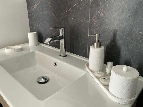 a bathroom sink with two rolls of toilet paper on it at L'ile chaumette in Épervans