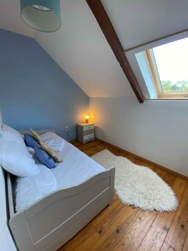 a bedroom with a bed with a window and a rug at Emerald Coast Gites and Lodge in Hénansal
