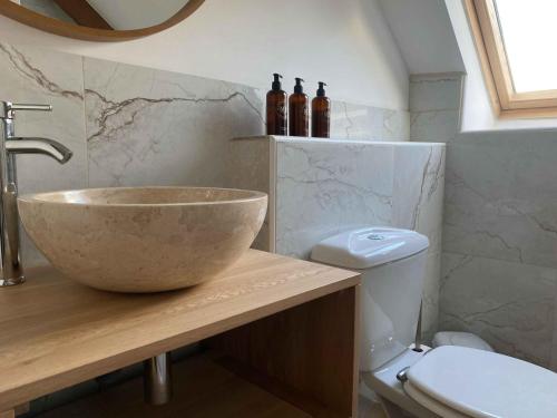 a bathroom with a bowl sink and a toilet at Emerald Coast Gites and Lodge in Hénansal