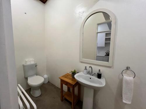 a bathroom with a toilet and a sink and a mirror at Avignon Guesthouse in Worcester