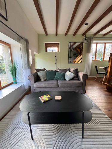 a living room with a couch and a coffee table at Emerald Coast Gites and Lodge in Hénansal