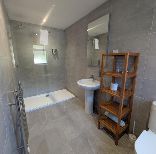 a bathroom with a sink and a toilet and a shower at The White Rock Hotel in Hastings