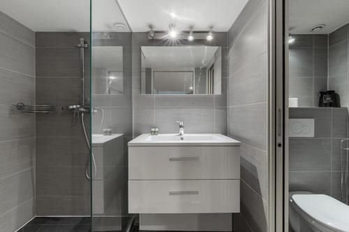 une salle de bain avec un lavabo, une douche et des toilettes dans l'établissement Appartement Duplex proche de l'Arc de Triomphe et Trocadero, à Paris