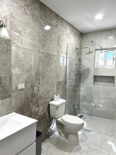 a bathroom with a toilet and a shower and a sink at Caribbean Breeze- 4 Bedroom- 4 ensuite bathrooms in Oranjestad