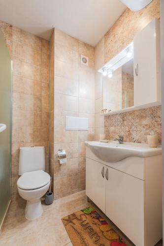 a bathroom with a toilet and a sink and a mirror at Holiday Apart 2 in Balchik