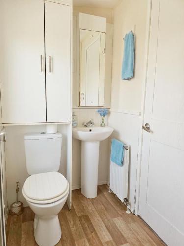 a white bathroom with a toilet and a sink at Lyons robin hood lodge Rhyl in Rhyl