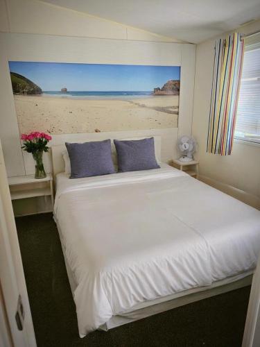 a bedroom with a bed with a view of a beach at Lyons robin hood lodge Rhyl in Rhyl