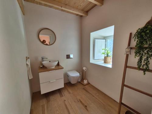 a bathroom with a sink and a toilet and a mirror at Beija Rio Charming House in Ferreira do Zêzere