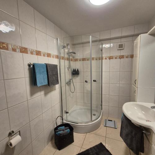 a bathroom with a shower and a toilet and a sink at Ferienwohnung Goldrausch in Bernkastel-Kues