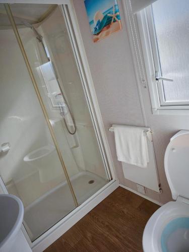 a bathroom with a shower and a toilet at Lyon’s Robin Hood Rhyl caravan sbw in Rhyl